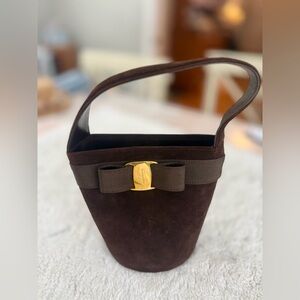 Salvatore Ferragamo Brown Suede Vera Bow Mini Bucket Bag Gold Hardware